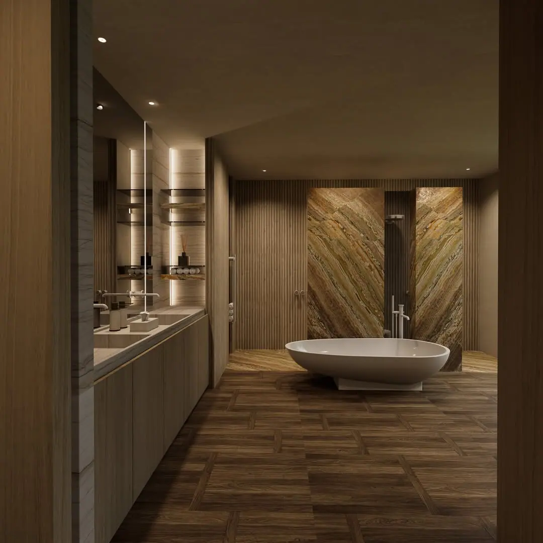 Projectbeeld, badkamer in hout en natuursteen
