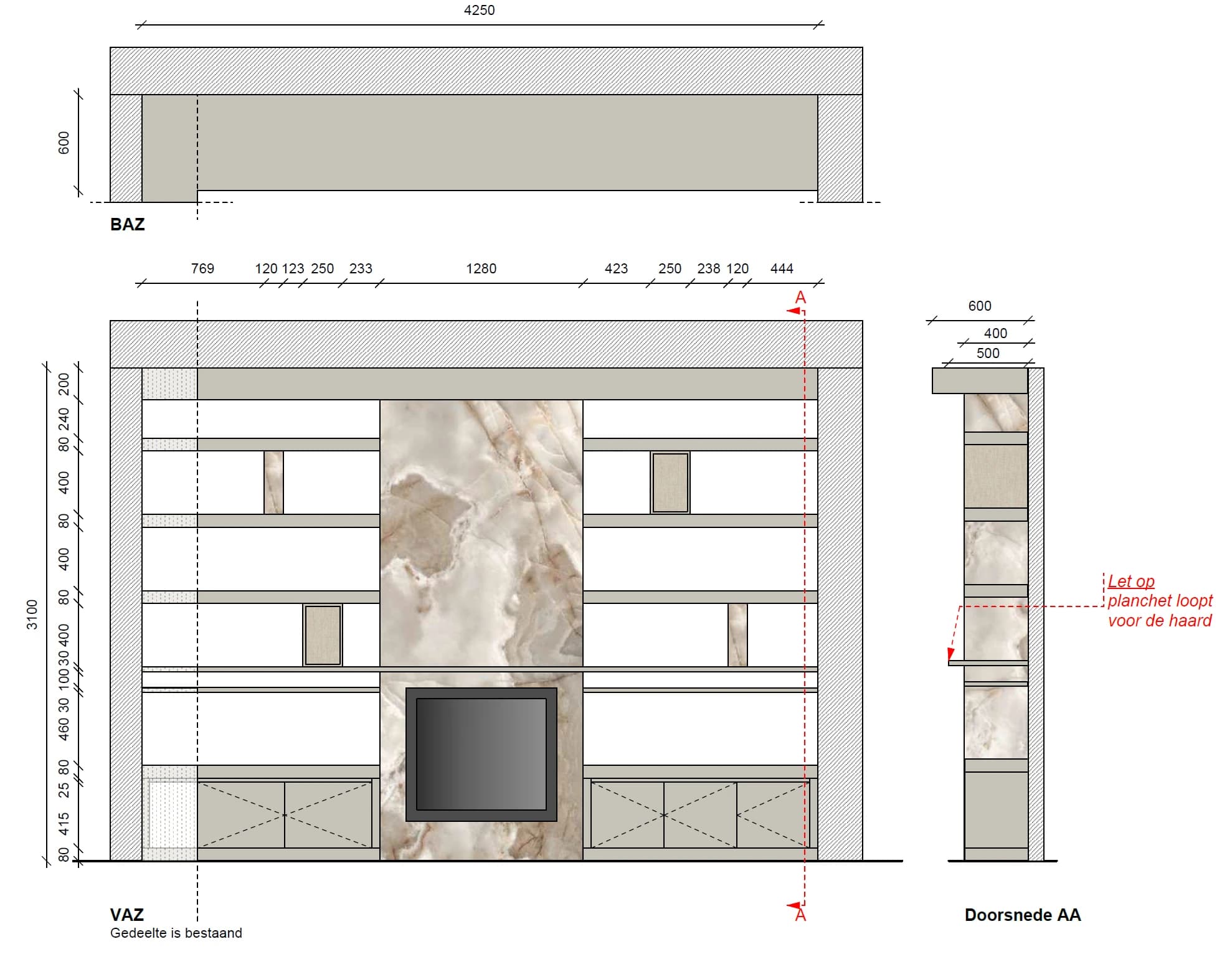 Maatwerktekening 2, keuken in eiken en marmer