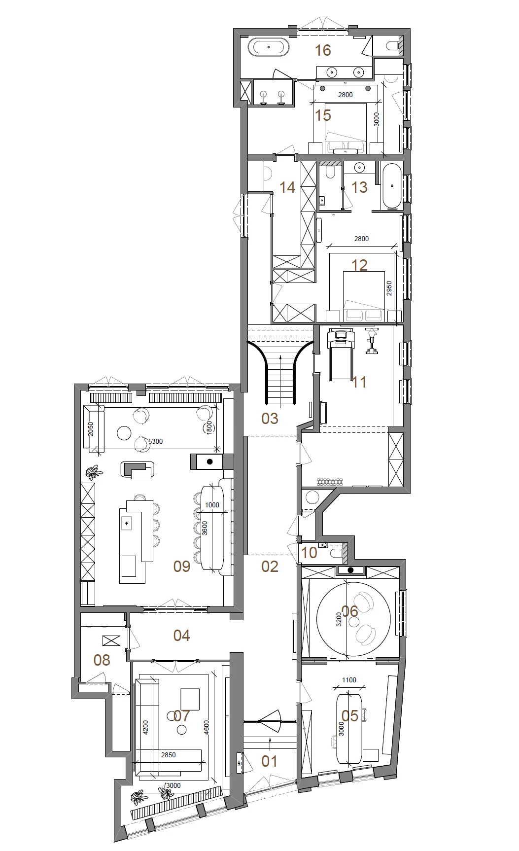 Plattegrond, keuken in eiken en marmer