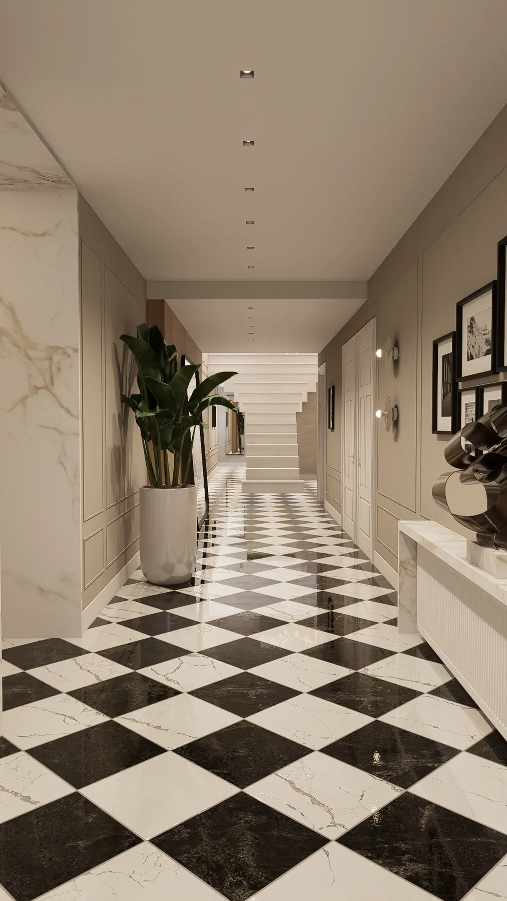 3D-visualisatie van het ontwerp 3, keuken in eiken en marmer