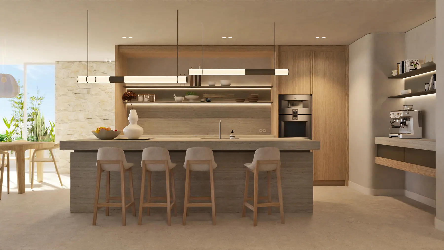 Projectbeeld, keuken in travertin en eiken