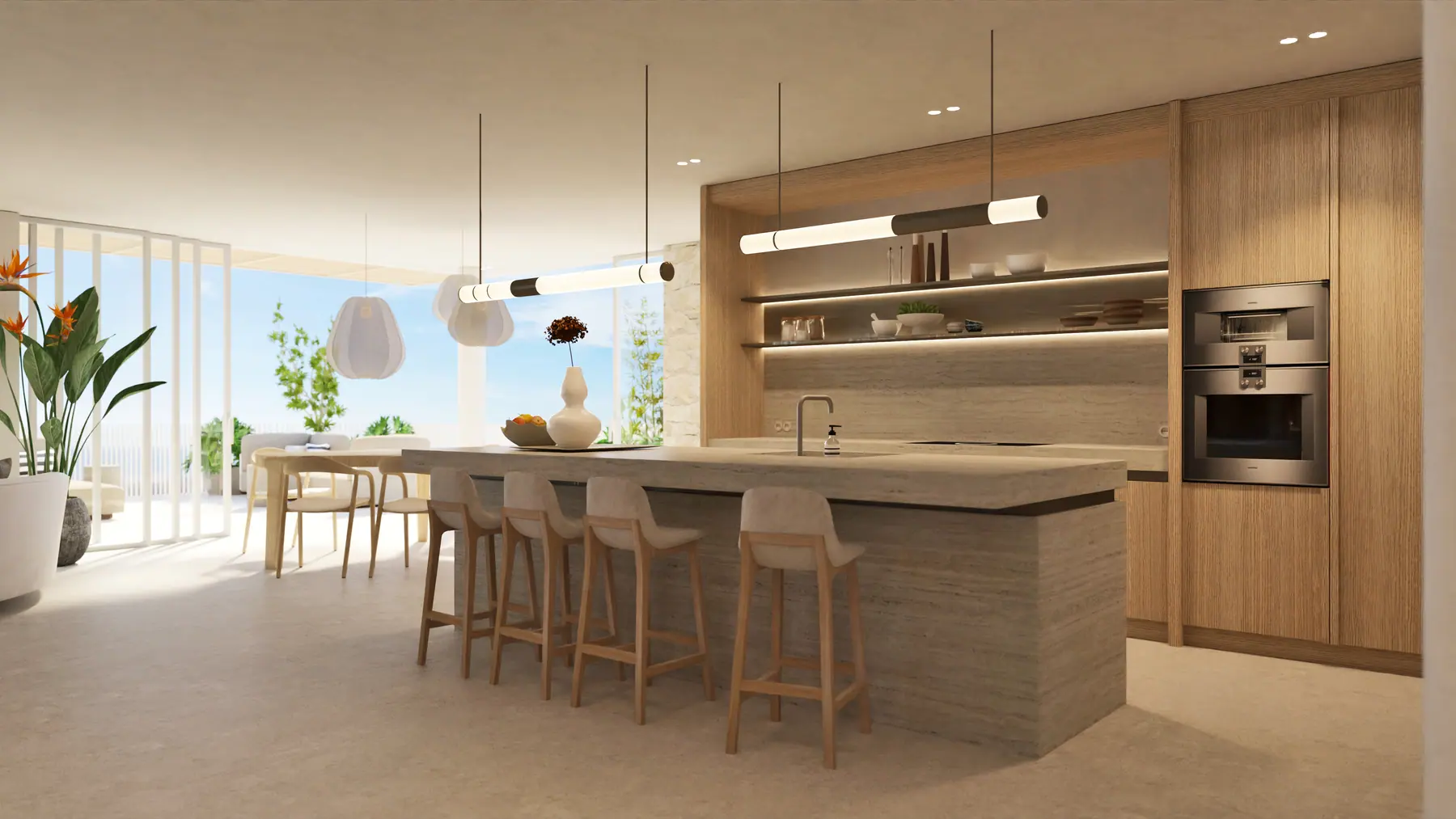 3D-visualisatie van het ontwerp 2, keuken in travertin en eiken