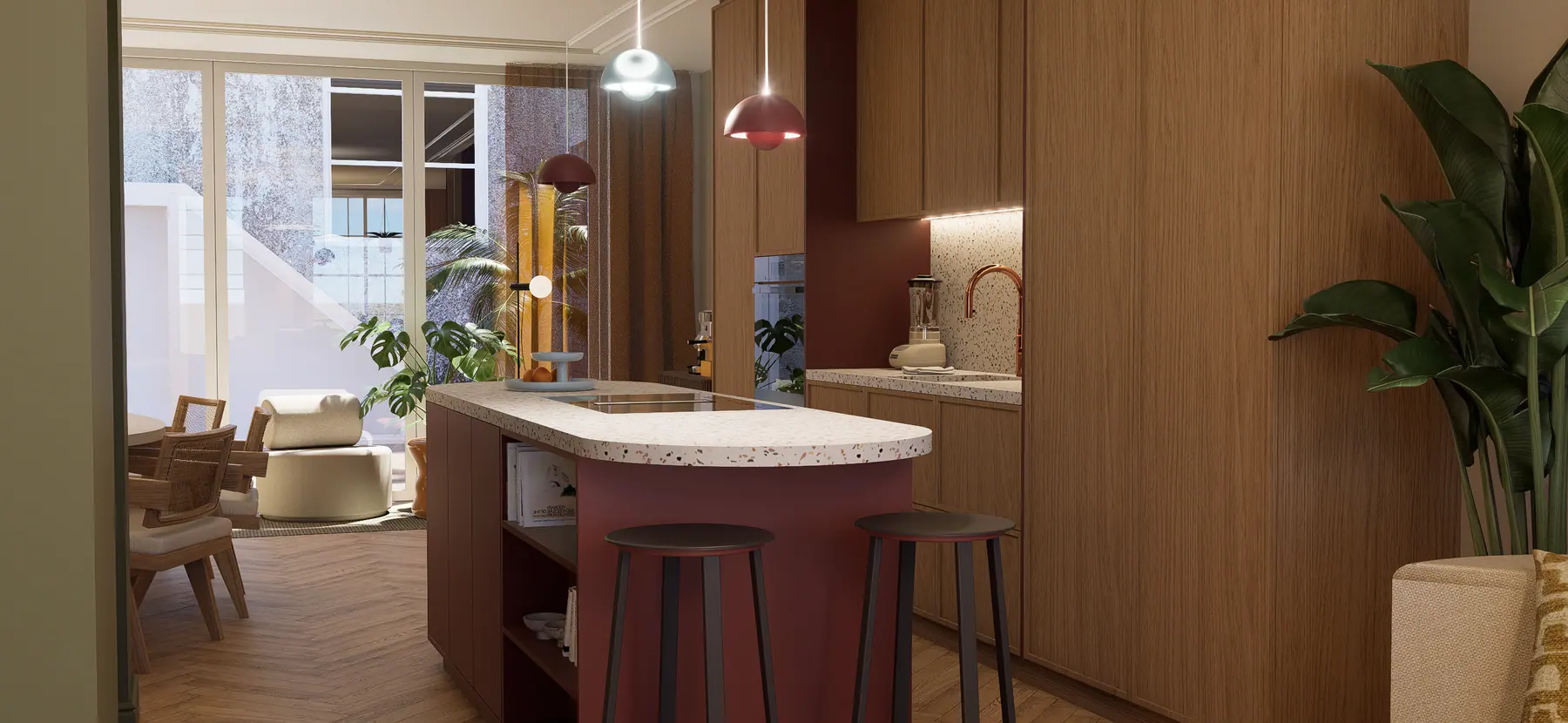 3D-visualisatie van het ontwerp, kleurrijk appartement
