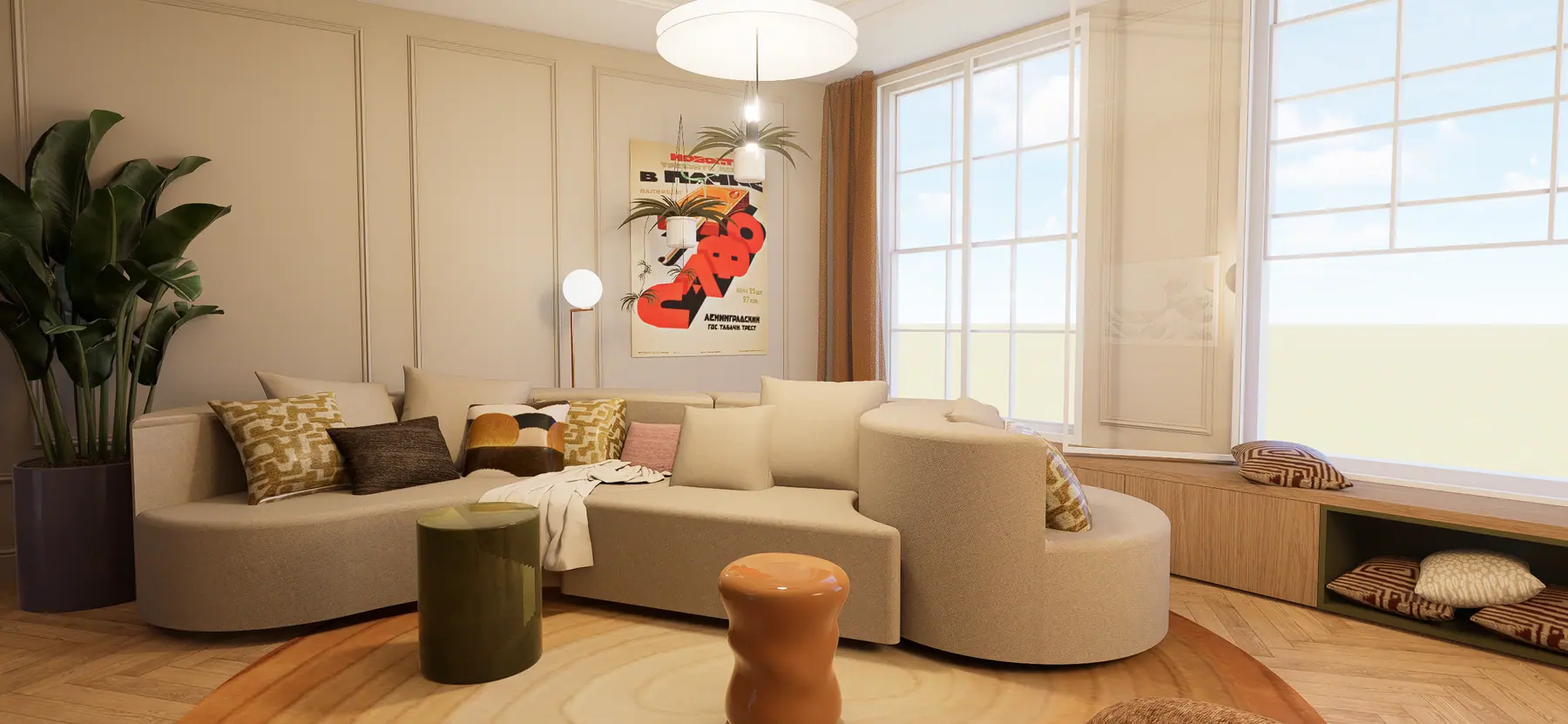 3D-visualisatie van het ontwerp 2, kleurrijk appartement