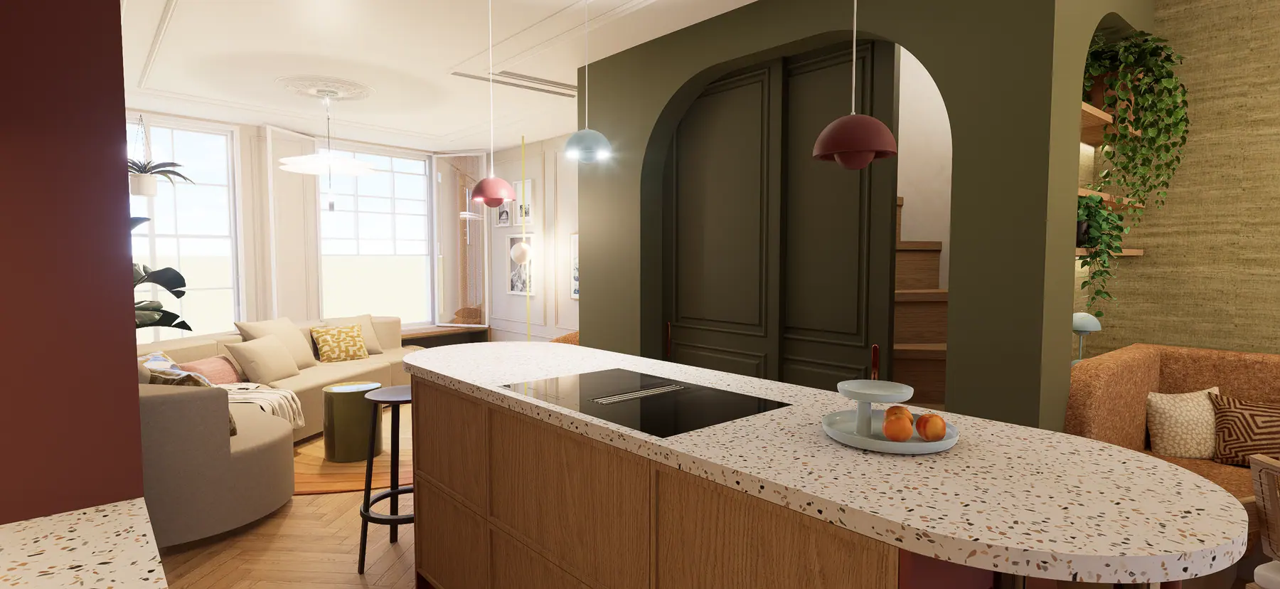 3D-visualisatie van het ontwerp 7, kleurrijk appartement