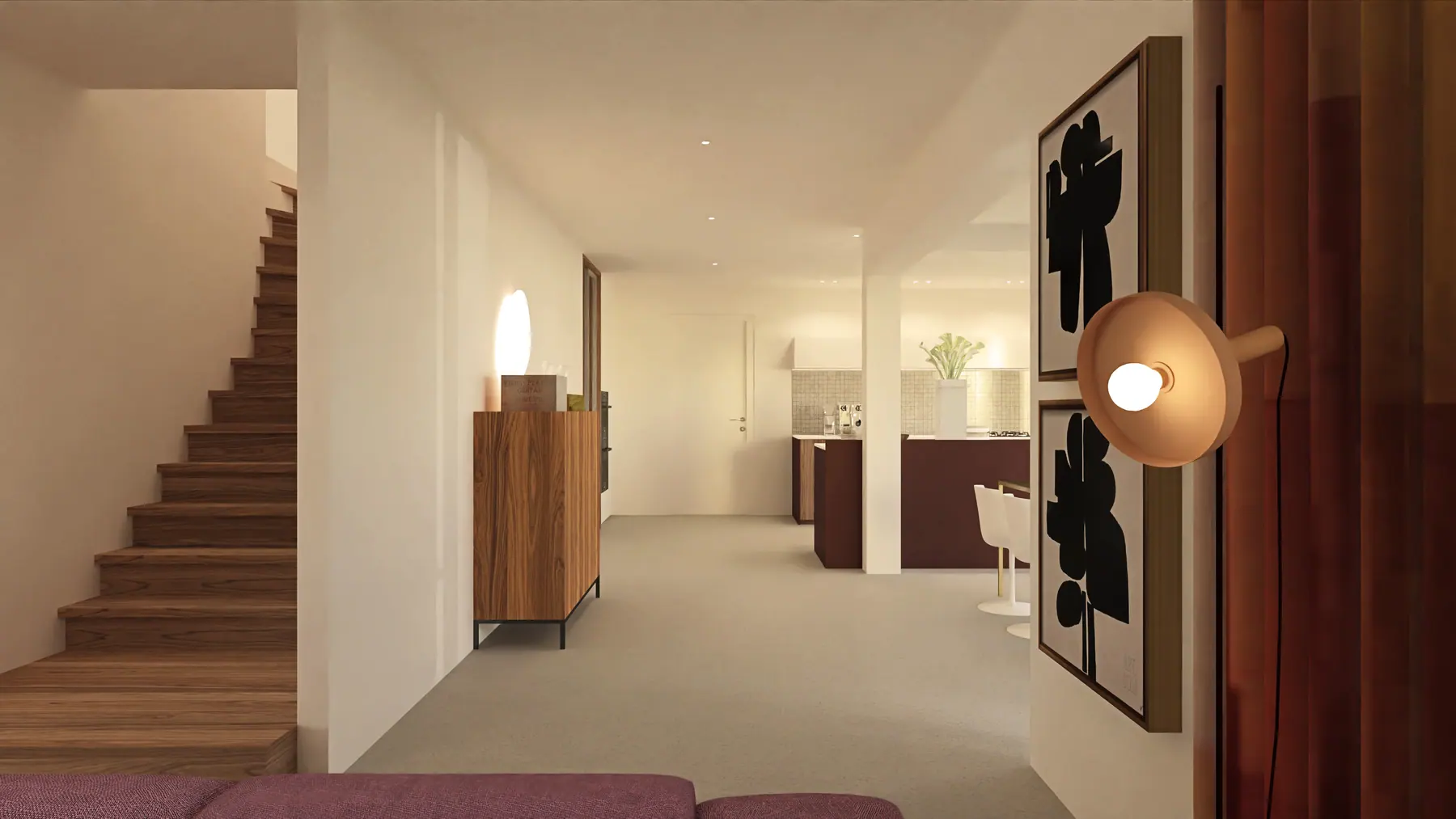 3D-visualisatie van het ontwerp, woonhuis met open eikenhouten trap