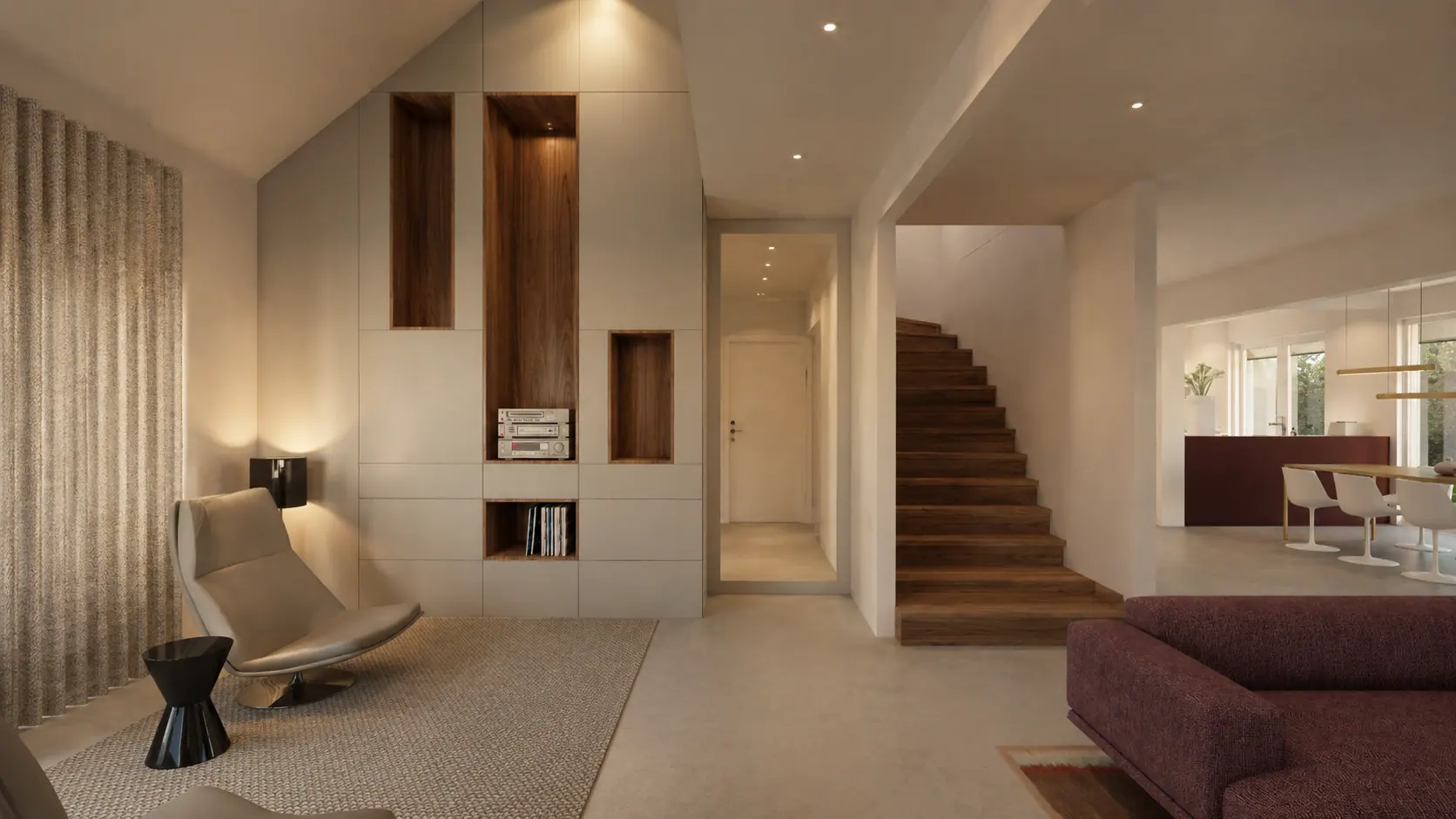 3D-visualisatie van het ontwerp 2, woonhuis met open eikenhouten trap