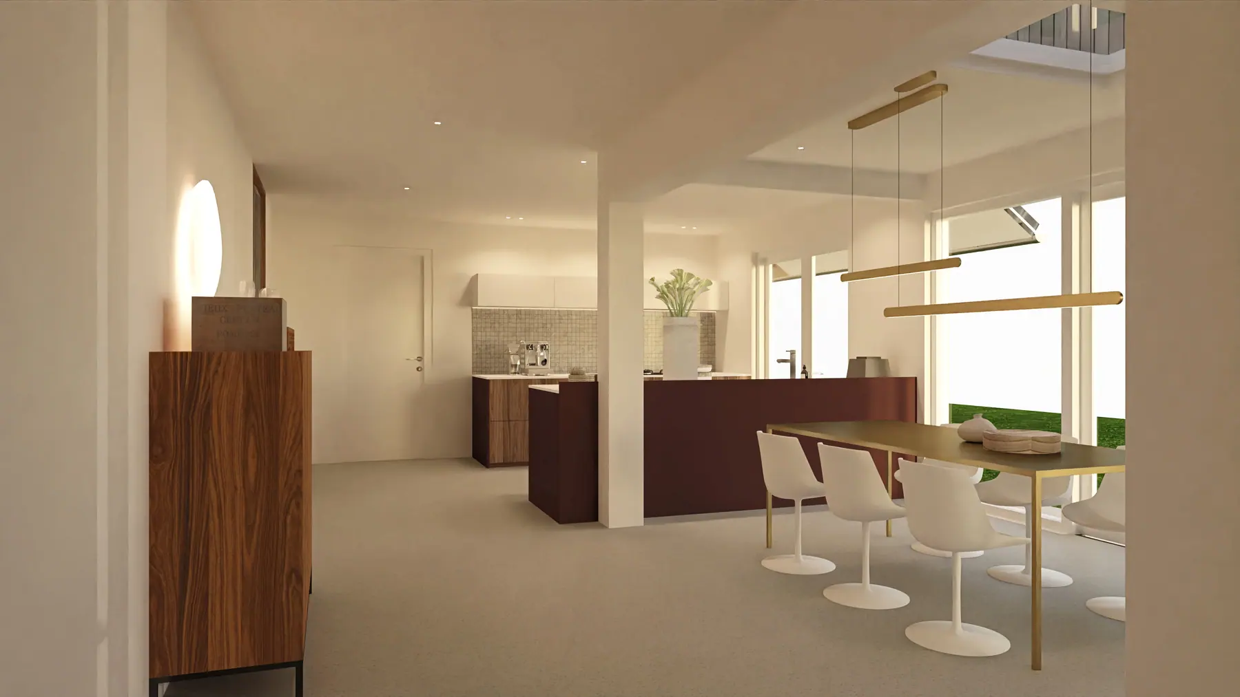 3D-visualisatie van het ontwerp 3, woonhuis met open eikenhouten trap