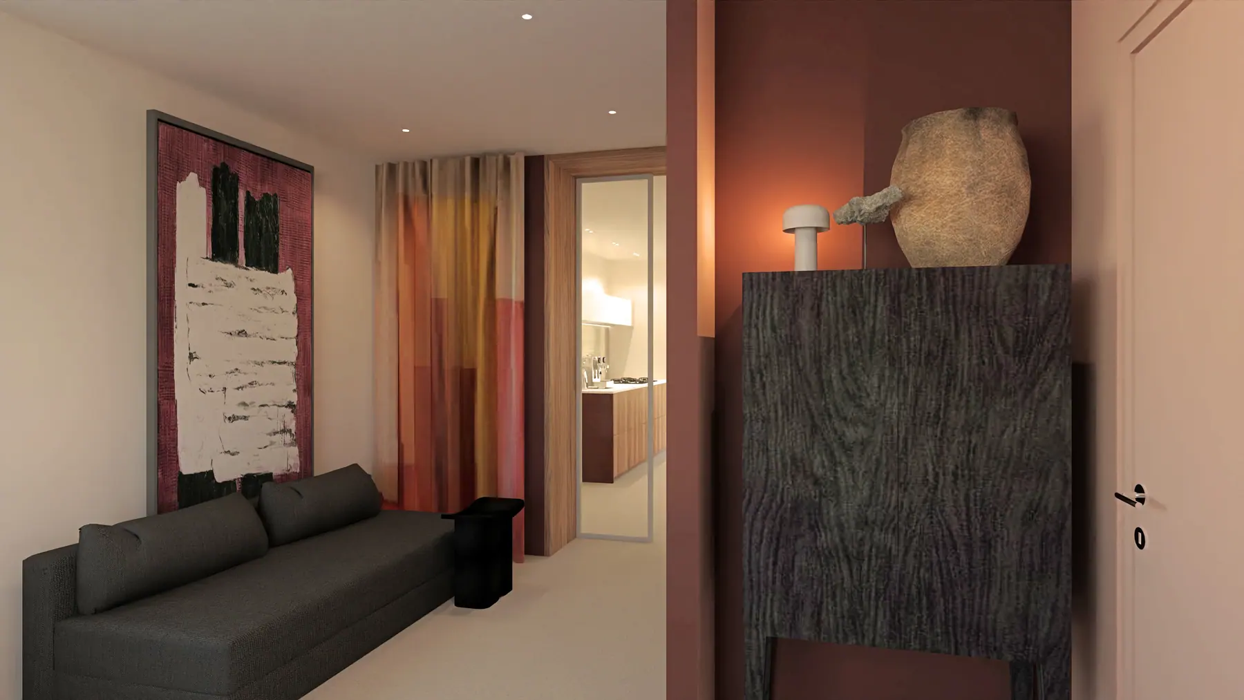3D-visualisatie van het ontwerp 4, woonhuis met open eikenhouten trap