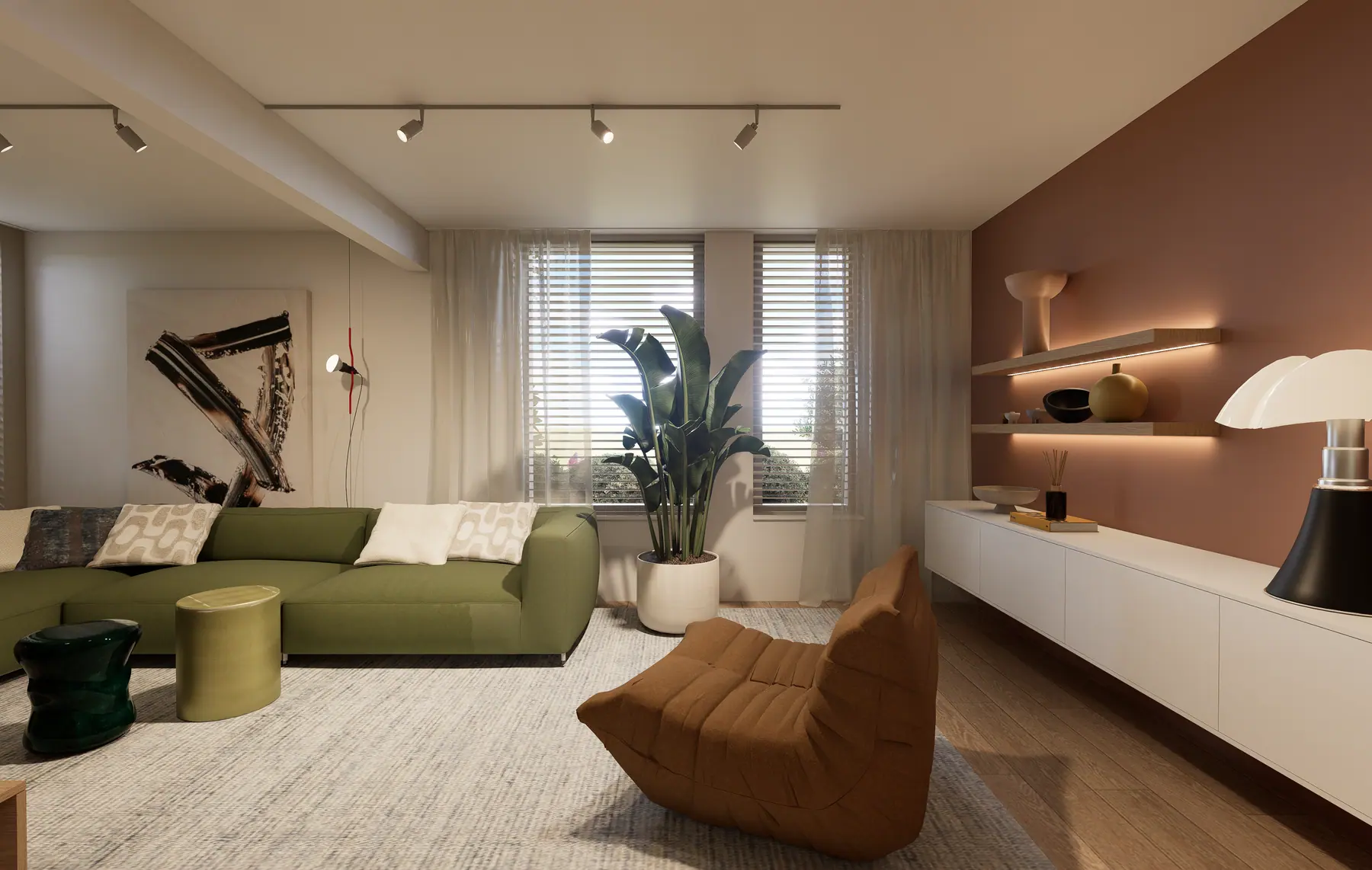 3D-visualisatie van het ontwerp, woonkamer in olijfgroen en travertin