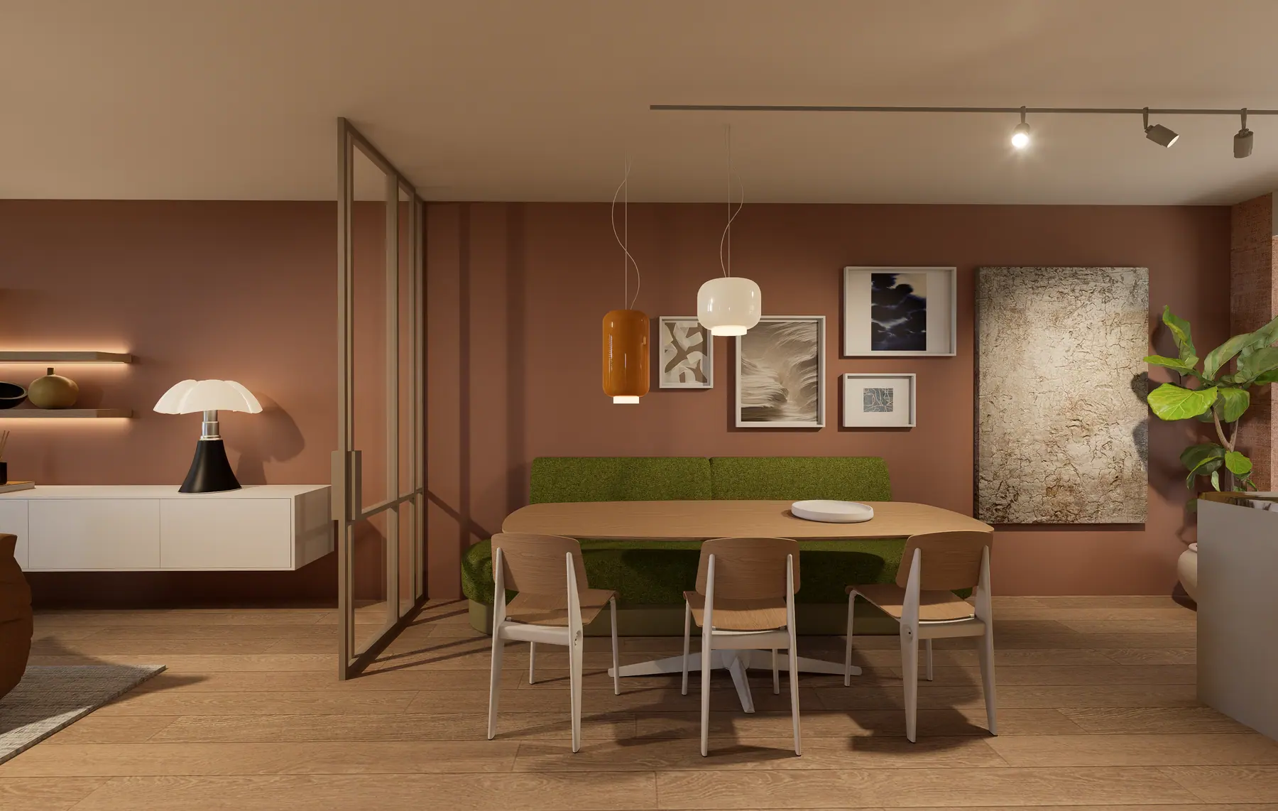 3D-visualisatie van het ontwerp 2, woonkamer in olijfgroen en travertin