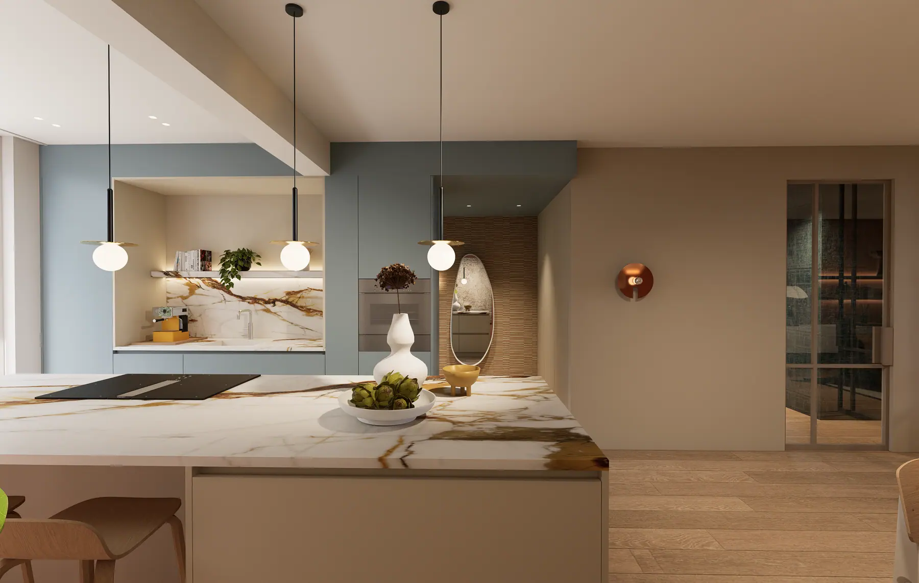 3D-visualisatie van het ontwerp 3, woonkamer in olijfgroen en travertin