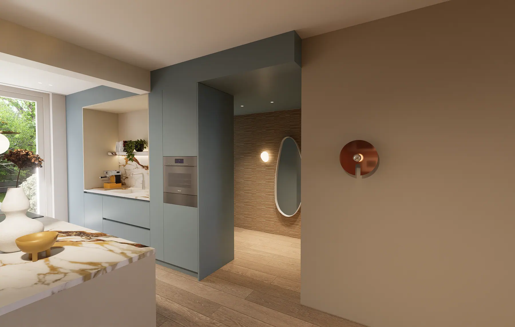 3D-visualisatie van het ontwerp 4, woonkamer in olijfgroen en travertin