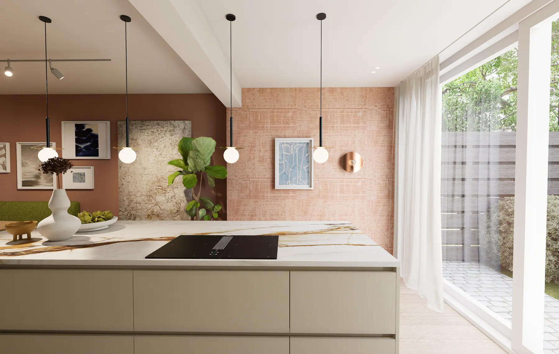 3D-visualisatie van het ontwerp 5, woonkamer in olijfgroen en travertin