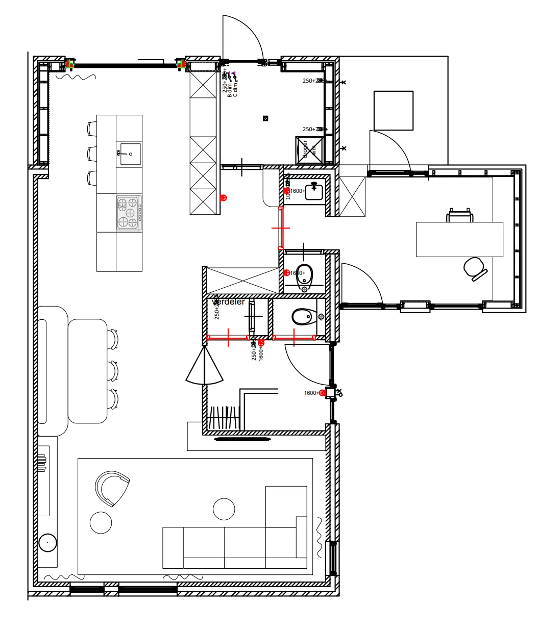 Plattegrond, woonkamer in olijfgroen en travertin