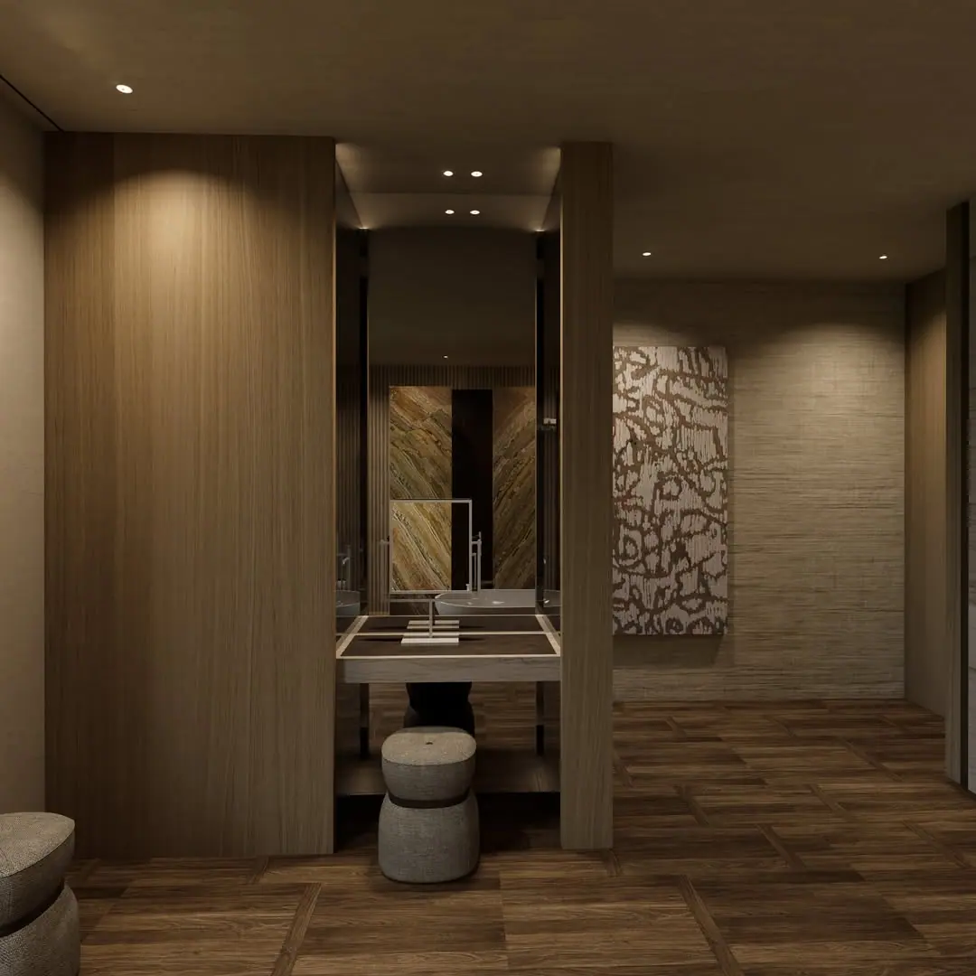 Projectbeeld, badkamer in hout en natuursteen