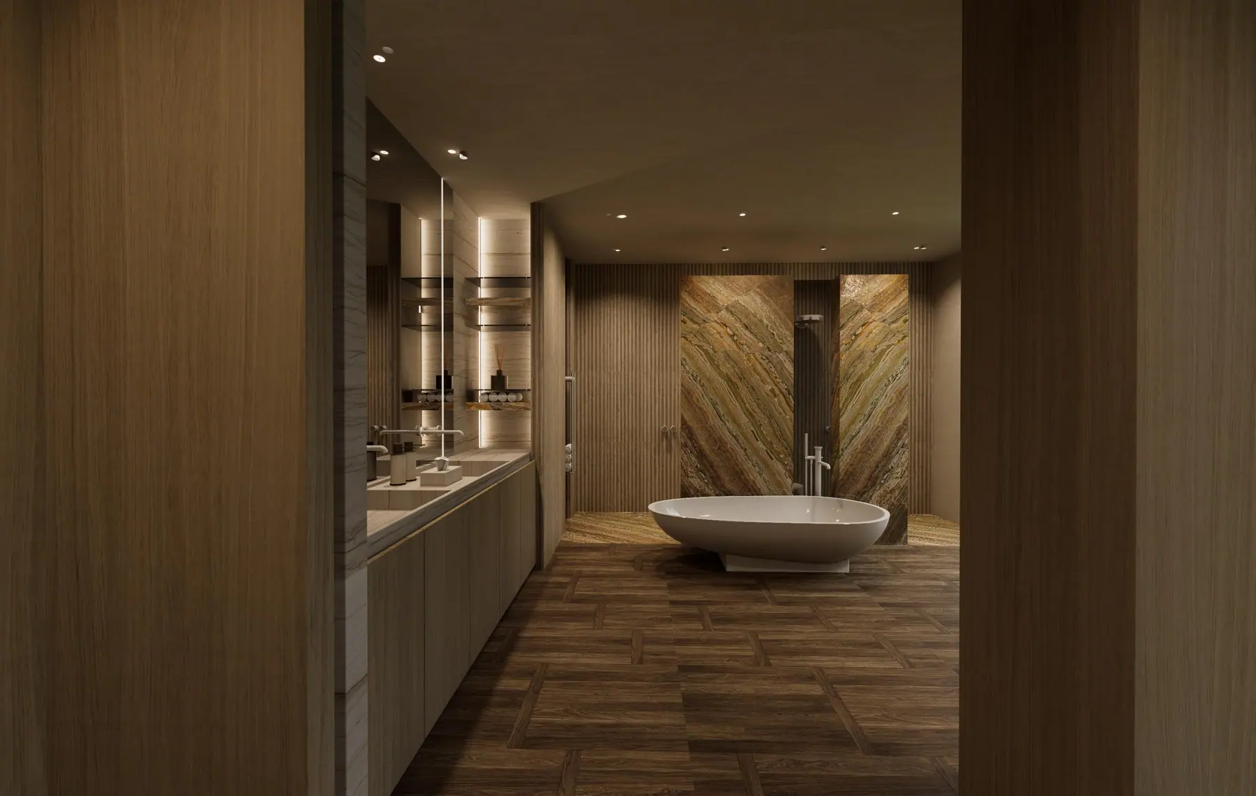 Projectbeeld 3, badkamer in hout en natuursteen